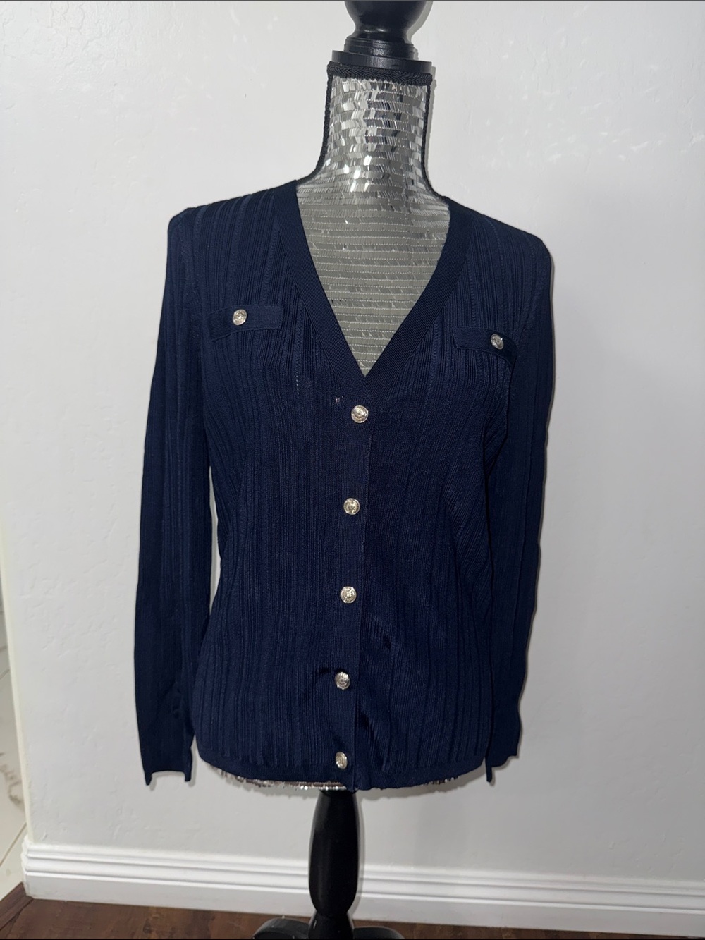 White House Black Market Navy V-Neck Button Front Cardigan